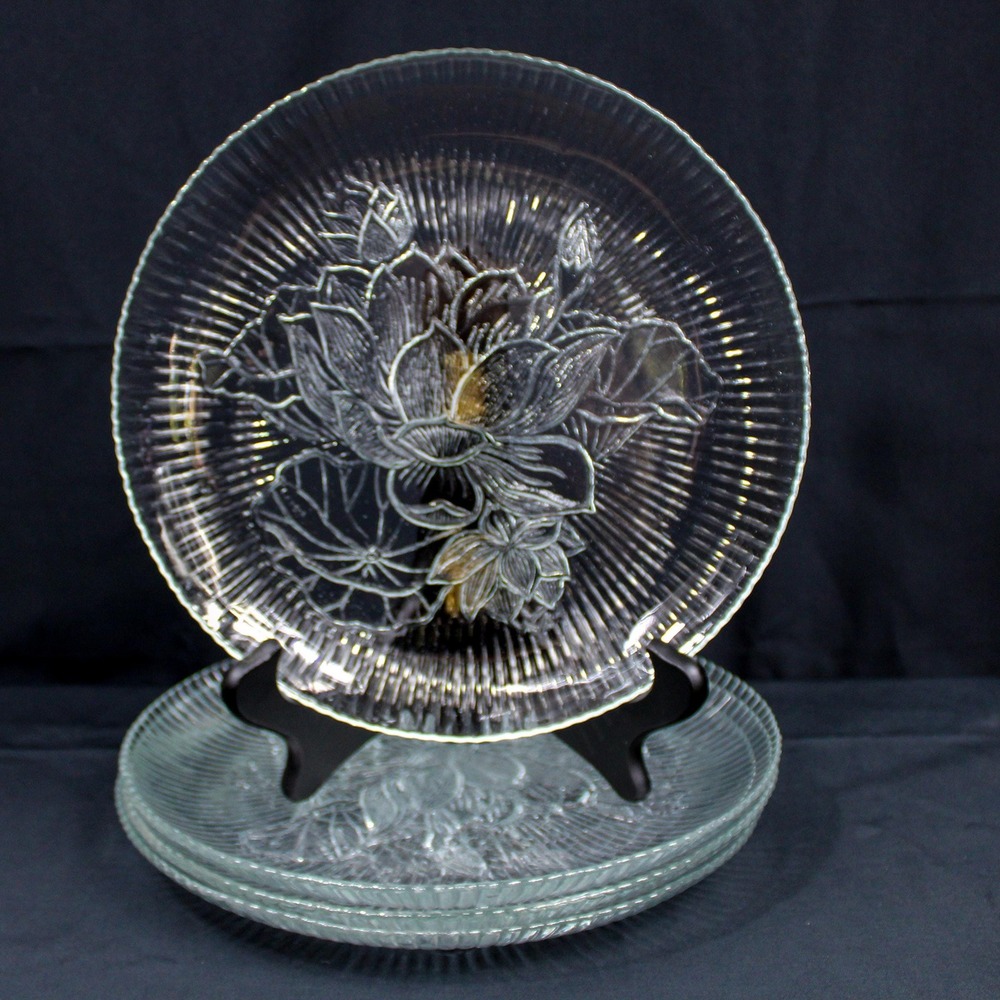 Vintage Set of 4 Arcoroc Crocus Canterbury Clear Glass Dinner Plates 10 3/4"